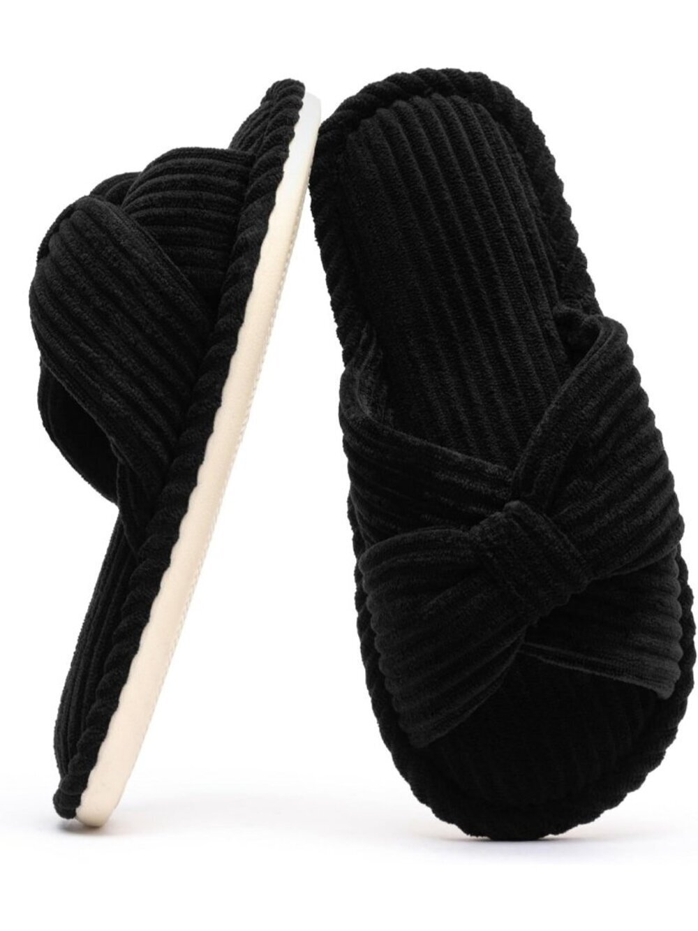 Women's Black Corduroy Bow Cozy Comfortable Bedroom Spa Open Toe Slipper Shoes
